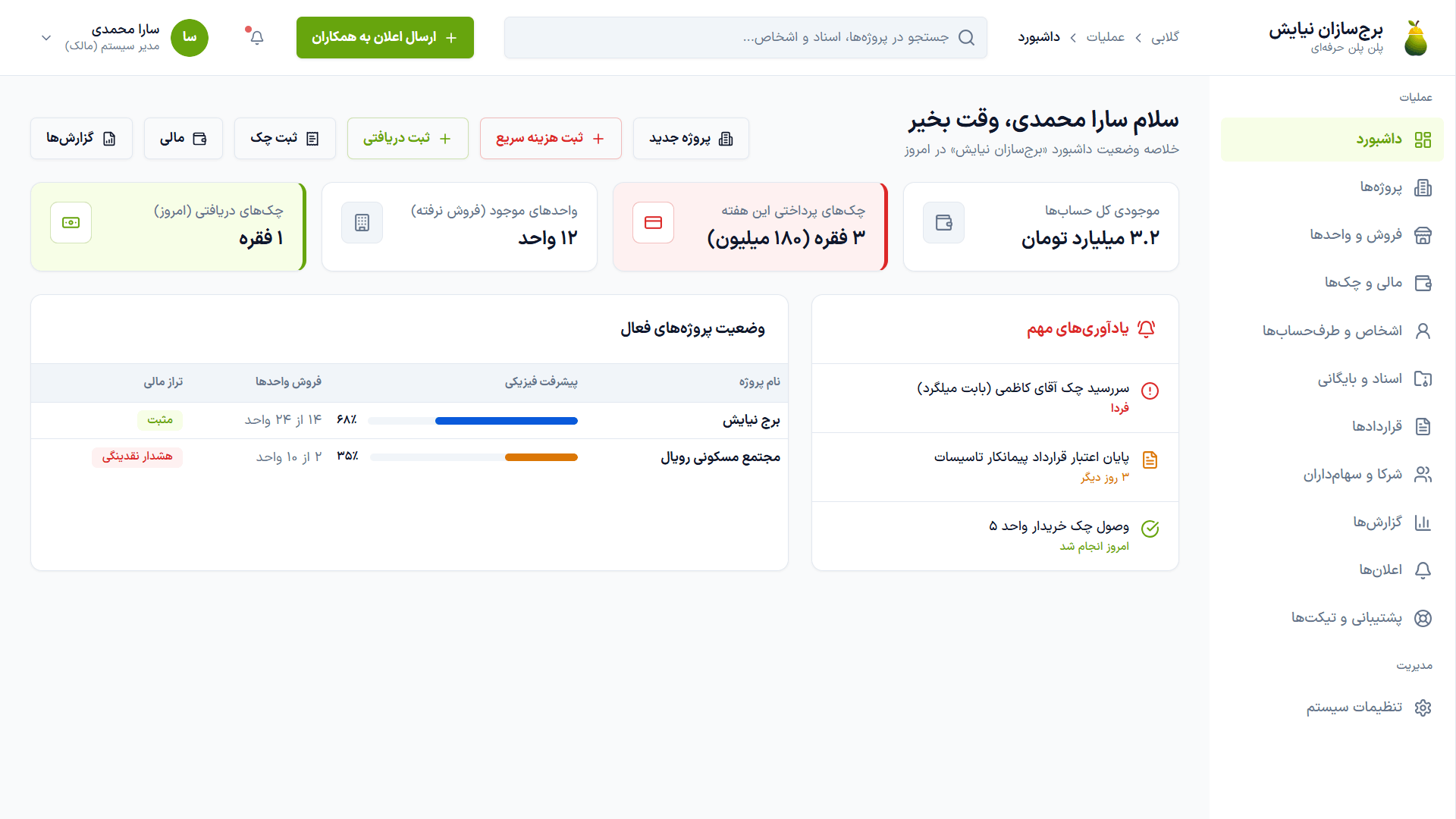 داشبورد گلابی در تم روشن؛ خلاصه مالی و وضعیت پروژههای ساختمانی
