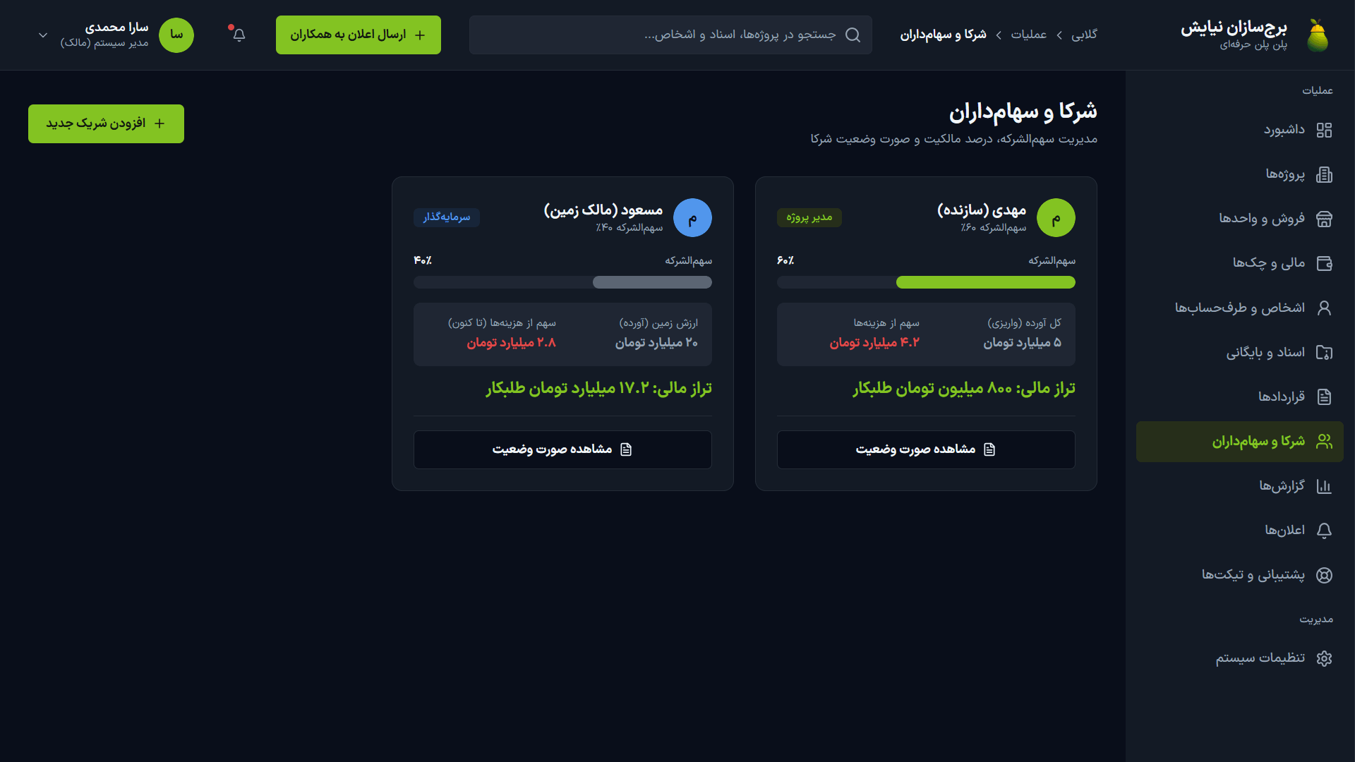 مدیریت شرکا و سهمالشرکه در تم تاریک با صورتوضعیت مالی هر شریک